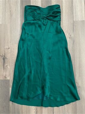 Green Silk Strapless Cocktail Formal Pleated Midi Prom Summer Dress